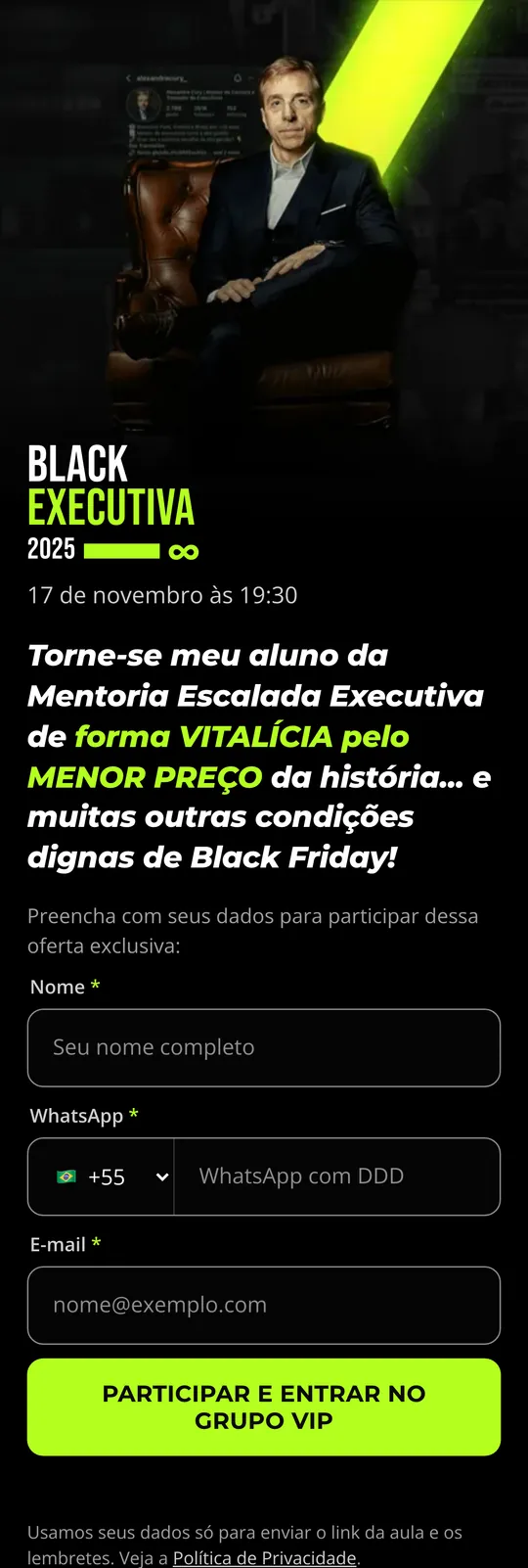 Black Executiva 2025, a página de Black Friday do Alexandre Cury no celular: a data da live embaixo do logo, depois o formulário.