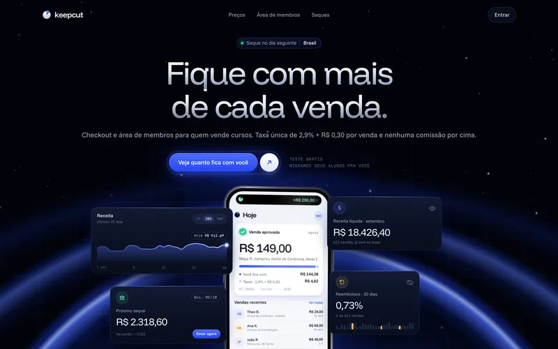 Keepcut, o topo de uma página de checkout para quem vende curso: a headline acima de um celular em que a venda cai e mostra quanto sobra depois das taxas