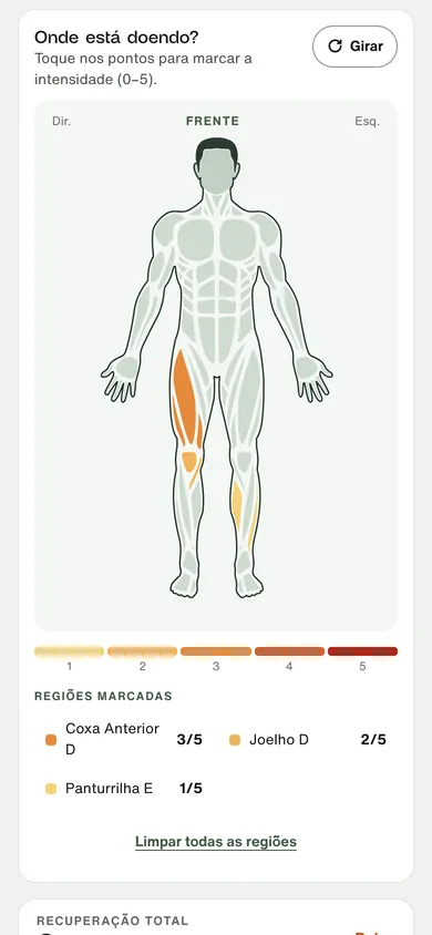 App do atleta: o mapa de dor, com coxa, joelho e panturrilha marcados