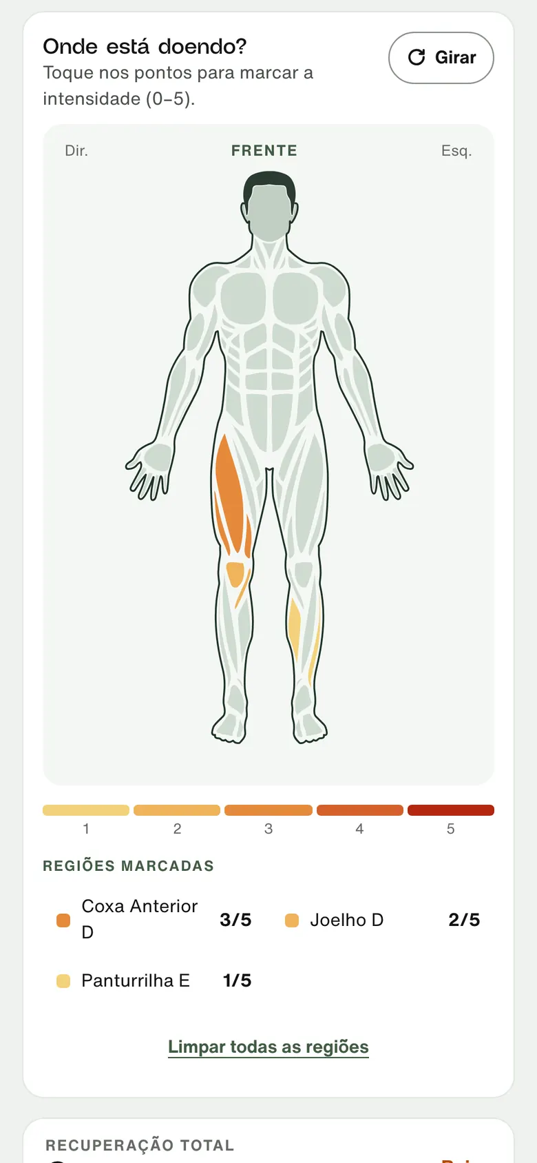 Prepara System no celular: o atleta toca onde dói num mapa do corpo e dá uma nota para a dor.