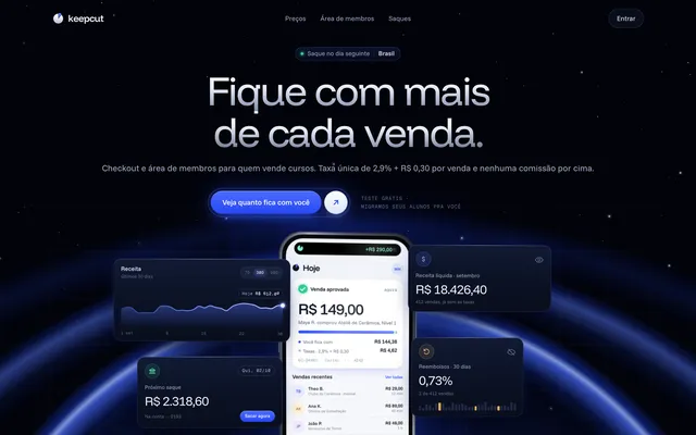 Página da Keepcut, um checkout para quem vende curso, design de Fernando Camilo