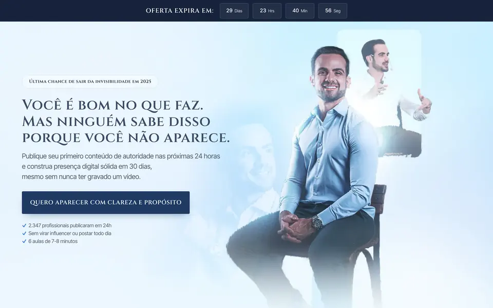 Página de vendas De desconhecido à autoridade no digital: Victor Guelman sentado num cenário azul claro, a headline "Você é bom no que faz. Mas ninguém sabe disso porque você não aparece." e uma barra de contagem regressiva no topo