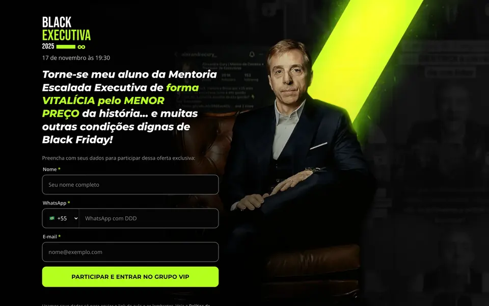 Página de captura da Black Executiva 2025: Alexandre Cury numa poltrona de couro sob uma faixa de neon verde-limão, a data "17 de novembro às 19:30" e o formulário de inscrição
