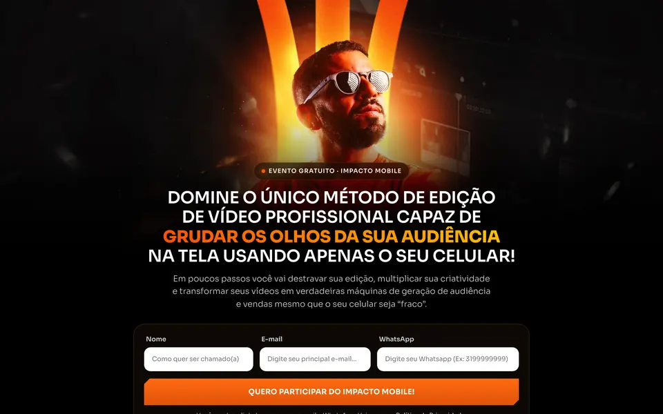 Página de captura do Impacto Mobile: Wansley Santana iluminado em laranja sob o selo do evento ao vivo gratuito, com o formulário de nome, e-mail e WhatsApp abaixo da headline